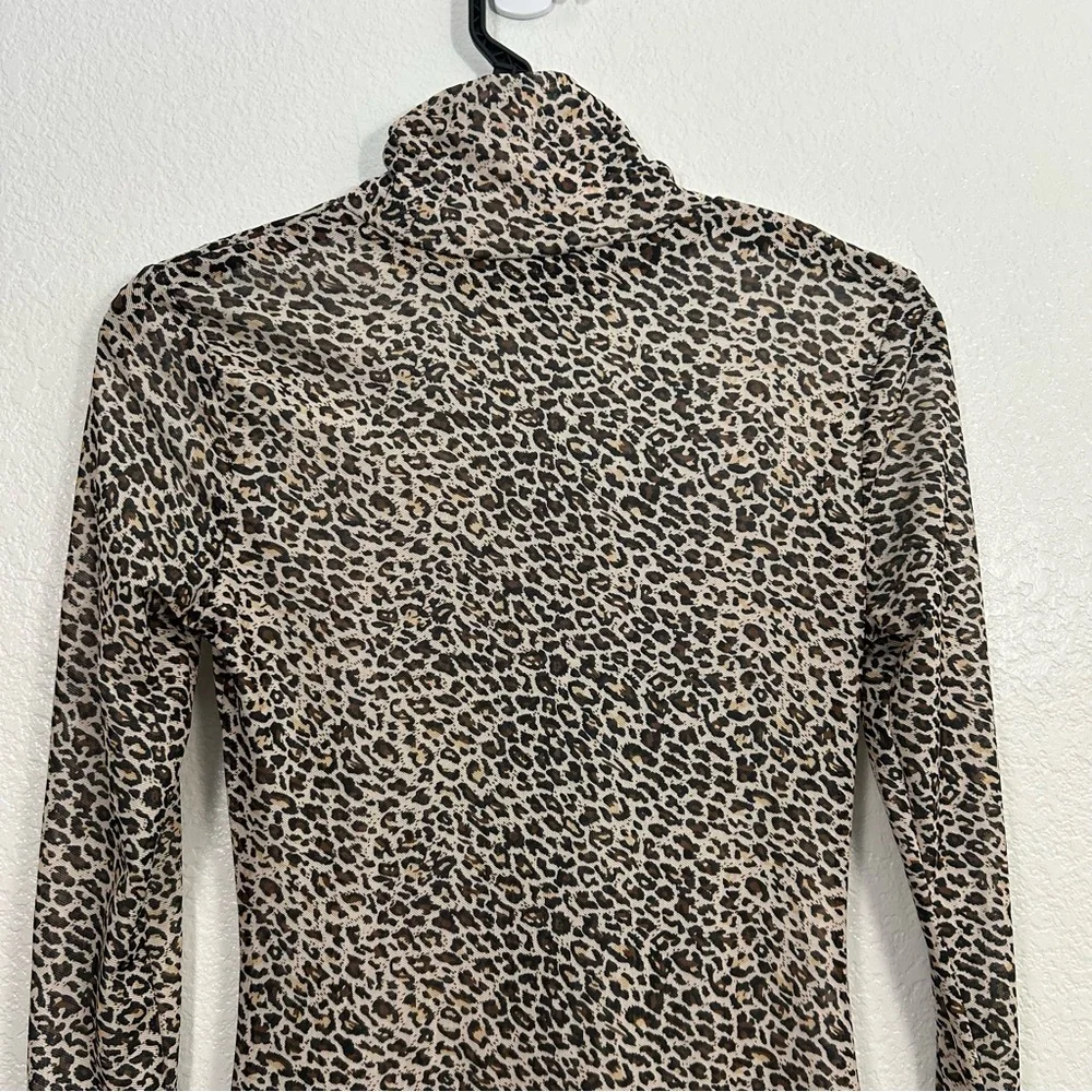 Sheer Mesh Cheetah Print Mock Neck Long Bell Sleeve Mini Dress Beach Cover Up